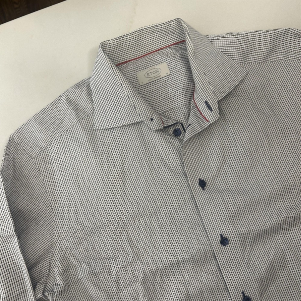 Eton Shirt Mens 41 16 White Navy Check Contemporary Fit Dress Long Sleeve Luxury
